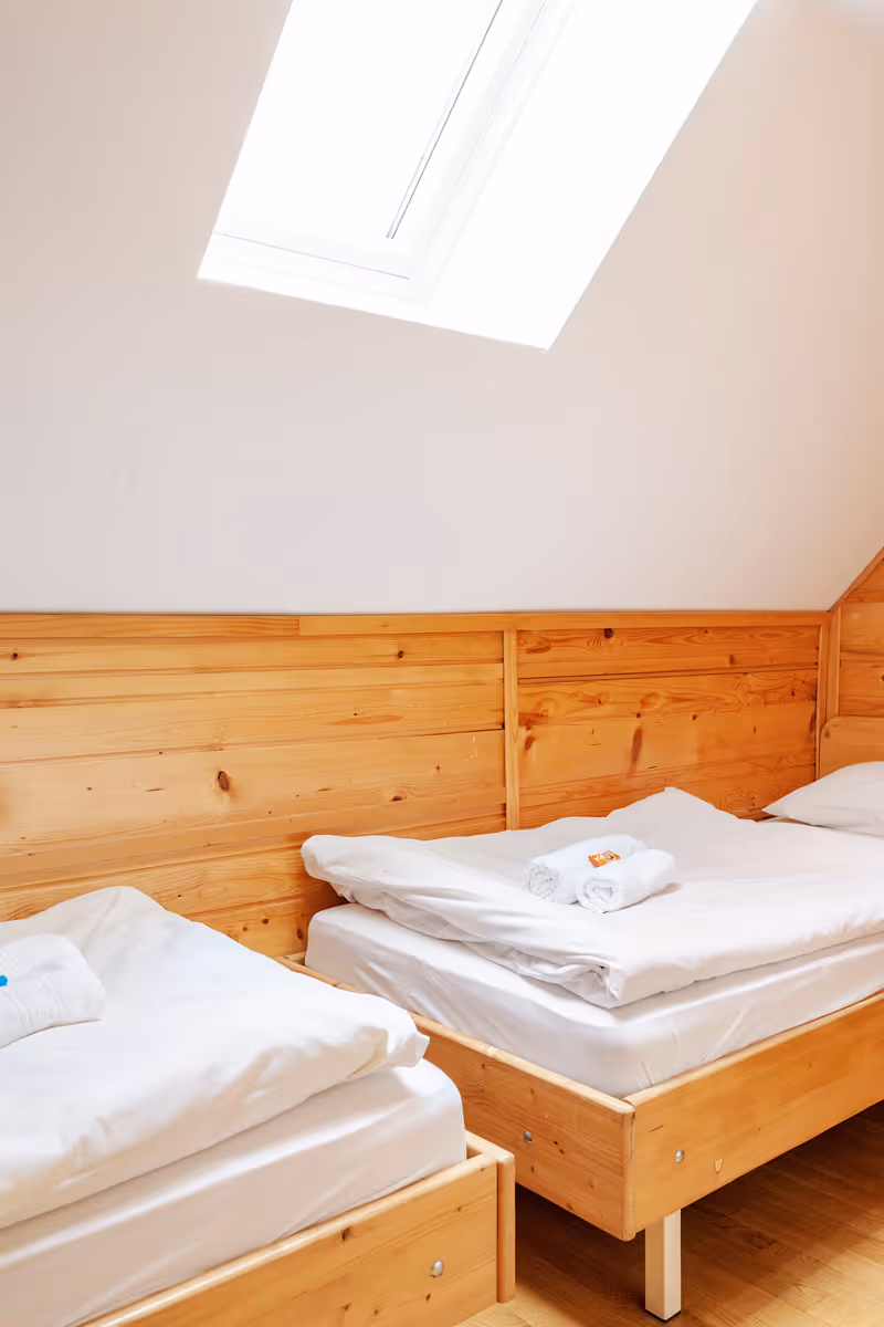 Spalnica z dvema posteljama: postelji pod strešnim oknom