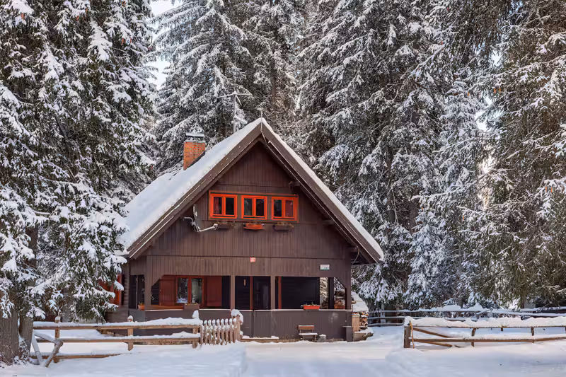 Koča Chalet Pokljuka pozimi, obdana z zasneženimi smrekami