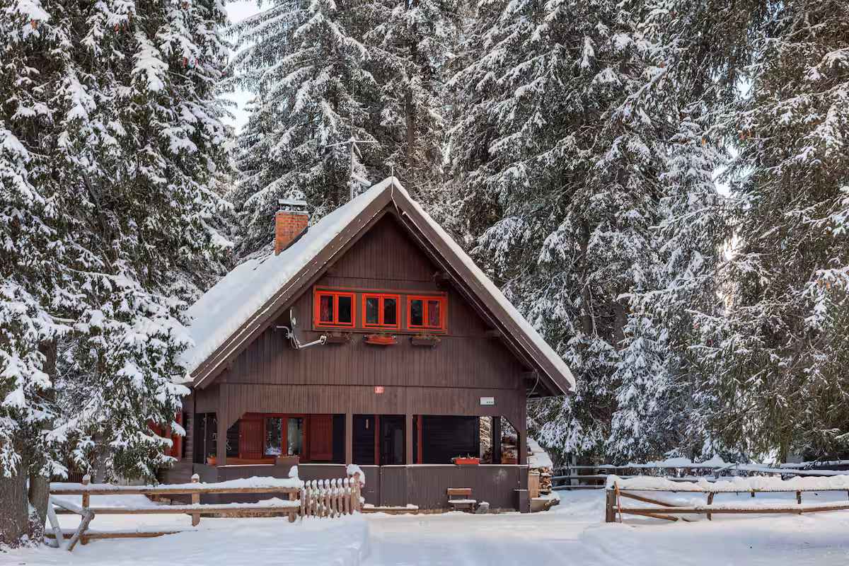 Lesena koča Chalet Pokljuka pod zasneženimi smrekami